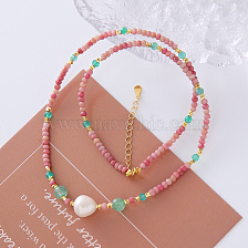 Natural Red Line Stone Green Strawberry Crystal Freshwater Pearl Necklace