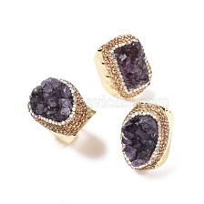 Natural Amethyst Druzy Open Cuff Ring with Rhinestone, Light Gold Plated Brass Wide Ring for Men Women, Cadmium Free & Lead Free