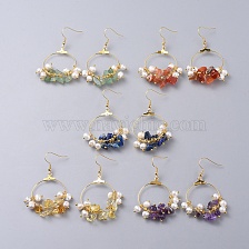 Natural Gemstone Chip Beads Dangle Earrings, with Pearl Beads, Brass Findings and 304 Stainless Steel Earring Hooks