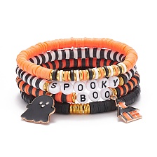 4Pcs 4 Style Polymer Clay Heishi Surfer Stretch Bracelets Set with Word Spooky Boo Acrylic Beads, Halloween Ghost & Castle Alloy Enamel Charm Bracelets for Women