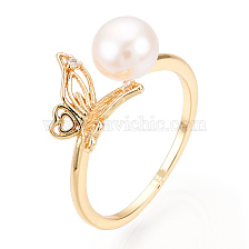 Natural Pearl Open Cuff  Ring Micro Pave Clear Cubic Zirconia, Brass Finger Rings, Butterfly