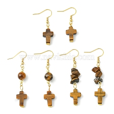 3 Pair 3 Style Cross & Chips & Cross Natural Tiger Eye Dangle Earrings, Real 18K Gold Plated 304 Stainless Steel Earrings