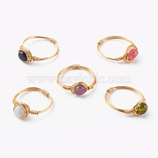 Natural & Synthetic Gemstone Finger Rings, with Golden Copper Wire and Cardboard  Box, Flat Round