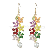 Acrylic Beaded Flower with Imitation Pearl Dangle Earrings, Golden 304 Stainless Steel Wire Wrap Jewelry for Women