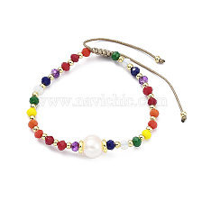 Adjustable Natural Pearl & Glass & Brass Braided Beaded Bracelet for Women