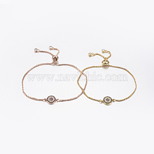 Adjustable Brass Micro Pave Cubic Zirconia Bolo Bracelets, Slider Bracelets, with Brass Box Chains, Flat Round with Flower