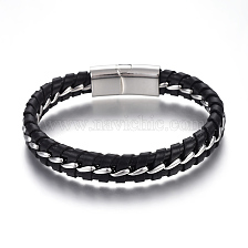 Leather Cord Bracelets, with 304 Stainless Steel Magnetic Clasps, Black