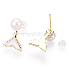 Whale Tail Natural White Shell & Pearl Stud Earrings, Brass Earring with 925 Sterling Silver Pins