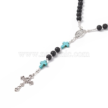 Natural Lava Rock & Synthetic Green Turquoise Rosary Bead Necklace, Alloy Virgin Mary & Cross Pendant Necklace for Women