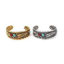 Tibetan Style Alloy Cuff Bangles, Bohemian Style Feather Bangle for Women, with Imitation Turquoise