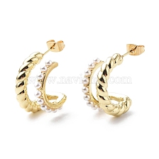 ABS Plastic Pearl Beaded C-shape Stud Earrings for Women, Brass Jewelry for Women