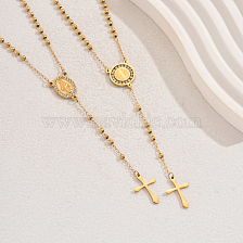 Stainless Steel Diamond Inlaid Relief Portrait Pendant Tassel Cross Necklace