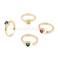 Brass Micro Pave Cubic Zirconia Cuff Rings, Open Rings, Long-Lasting Plated, Real 18K Gold Plated, Heart