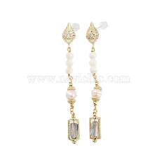 Natural Pearl Dangle Stud Earrings, with Brass Glass Findings and 925 Sterling Silver Pins, Rectangle