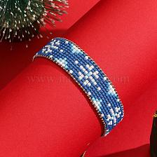 Blue Snowflake Patterned Handmade Glass Bead Knitted Bracelet for Christmas