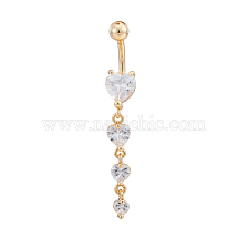 Real 18K Gold Plated Piercing Jewelry Brass Cubic Zirconia Heart Navel Ring Navel Ring Belly Rings, with 304 Stainless Steel Bar, 7~8x52mm