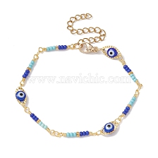 Brass Horse Eye Link Chain Bracelet, Glass Evil Eye & Seed Beaded Bracelet