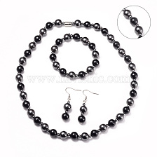 Necklaces & Stretch Bracelets & Dangle Earrings Jewelry Sets, with Stainless Steel Findings, Magnetic Synthetic Hematite and Natural Black Agate Beads