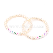 Mother's Day Gifts, Stretch Bracelets, with Natural Pearl Beads and Acrylic Beads, Word Mom