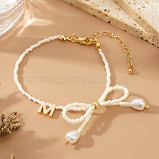 Golden Lantern Letter M Waterdrop Pearl Butterfly Bow Bracelet Handmade Jewelry.