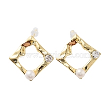 Natural Pearl Rhombus Stud Earrings, Brass Earrings with 925 Sterling Silver Pins