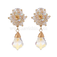 Glass Beaded Flower with Teardrop Dangle Clip-on Earrings, Golden 304 Stainless Steel Wire Wrap Jewelry for Women