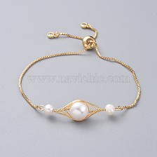 Adjustable Slider Bracelets, Bolo Bracelets, with Brass Box Chains, Natural Pearl Beads, Cubic Zirconia and Cardboard Packing Box