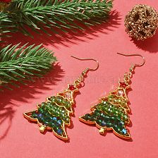 Glass Beaded Christmas Tree Dangle Earrings, Golden Alloy Jewelry