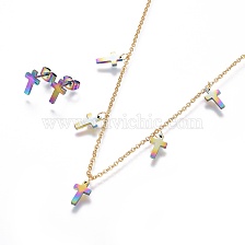 304 Stainless Steel Jewelry Sets, Cable Chains Pendant Necklaces and Stud Earrings, with Ear Nuts/Earring Back, Cross