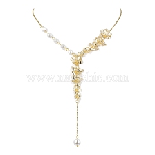 Brass Flower Lariat Necklace, with Shell Pearl Beaded