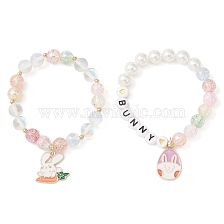 2Pcs 2 Style Easter Theme Glass & Shell Pearl Beaded Stretch Bracelets Set, Acrylic Word Bunny Kids Bracelet with Alloy Enamel Rabbit Charms