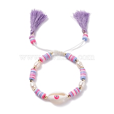 Natual Shell with Evil Eye & Pearl Braided Bead Bracelet, Heishi Beads Bracelet with Double Tassel Charm for Women