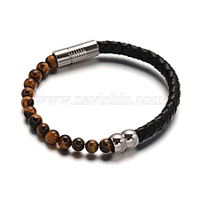 Leather Cord Bracelets, with Tiger Eye Beads & 304 Stainless Steel Magnetic Clasps, 51x63mm