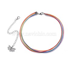 Waxed Polyester Cord Choker Necklaces, with Tibetan Style Alloy Lotus Charms and Brass Curb Extender Chains, Zinc Alloy Lobster Claw Clasps