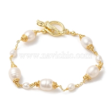 Natural Pearl Beaded Link Bracelets, Brass Wire Wrapped Bracelet