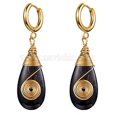 Natural Black Agate Teardrop with Spiral Dangle Hoop Earrings, Wire Wrap Drop Earrings with 316 Surgical Stainless Steel Pin for Women, Golden