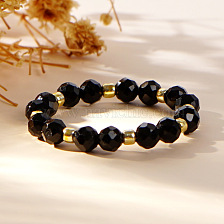 Golden Beaded Ring with 3/4mm Black Onyx Semi-Precious Gemstone Hand Jewelry