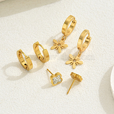 Elegant Stainless Steel Gold-Plated Earrings Set with Water Diamond Clover