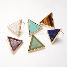 Triangle Brass Gemstone Stud Earrings, 23x26.5x3.5mm, Pin: 0.8mm