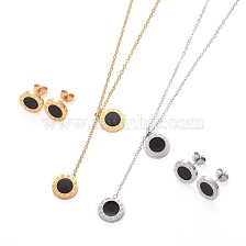 304 Stainless Steel Enamel Jewelry Sets, Pendant Cable Chains Necklaces and Stud Earrings, with Lobster Claw Clasps and Ear Nuts, Flat Round with Roman Numerals