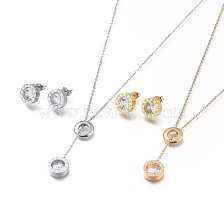 304 Stainless Steel Rhinestone Jewelry Sets, Cable Chains Pendant Necklaces and Stud Earrings, with Ear Nuts and Lobster Claw Clasps, Flat Round