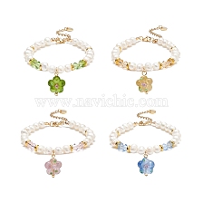 4Pcs 4 Color Lampwork Flower Charm Bracelets Set, Natural Pearl & Glass Beaded Dainty Bracelets for Women