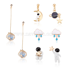 ANATTASOUL 4 Pairs 4 Style Spaceman & Moon & Star Alloy Enamel Stud Earrings Set, Brass Cage Drop Earrings for Women