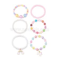 6Pcs Acrylic Beaded Stretch Bracelets Sets, Kid Bracelets for Girls, with Alloy Enamel Pendants, ABS Plastic Imitation Pearl Beads and Elastic Crystal Thread