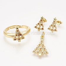 Brass Cubic Zirconia Pendants & Stud Earrings & Adjustable Rings Jewelry Sets, Christmas Trees