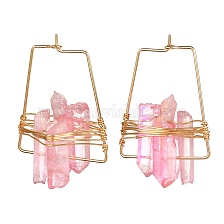 Electroplated Natural Quartz Wire Wrapped Earrings for Girl Women, Golden Trapezoid Brass Hoop Earrings