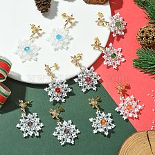 Christmas Snowflake Glass Seed Braided Dangle Earrings, Brass Cubic Zirconia Stud Earrings, Golden