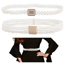 WADORN 2Pcs 2 Styles Plastic Pearl Bead Multi-strand Stretch Chain Belt, Waist Belt with Iron Rhinestone Rectangle Clasp, for Shirt Dress Decoration