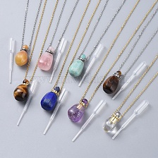 Natural Mixed Gemstone Perfume Bottle Pendant Necklaces, with Stainless Steel Cable Chain and Plastic Dropper, Bottle