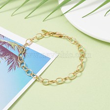 Brass Cable Chain Bracelet, with 304 Stainless Steel Findings for Teen Girl Women,, Real 18K Gold Plated, 7-1/2 inch(19cm)